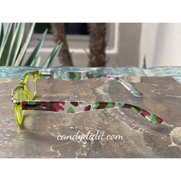 Translucent Chartreuse Camo W/Chartreuse Crystals Bling Reader Glasses With Case - Picture 5 of 11